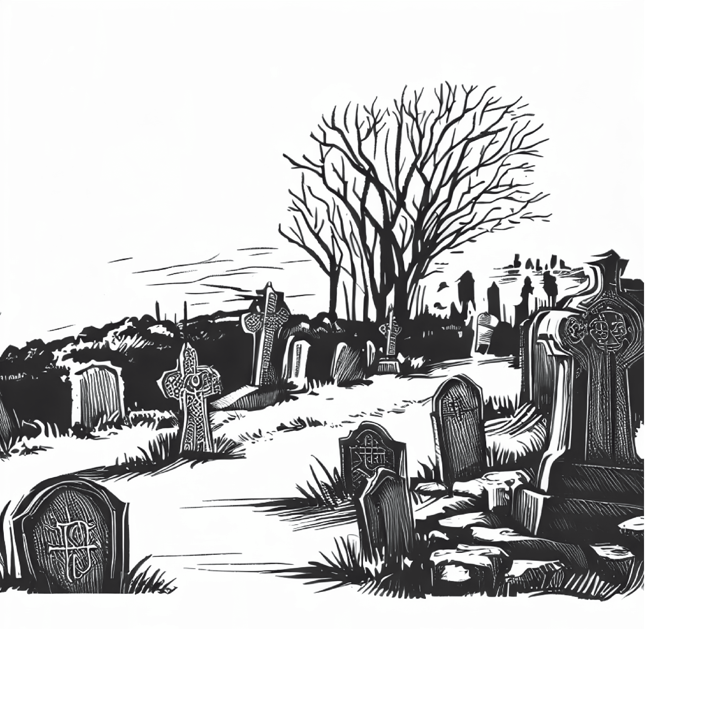 Line drawing of a graveyard