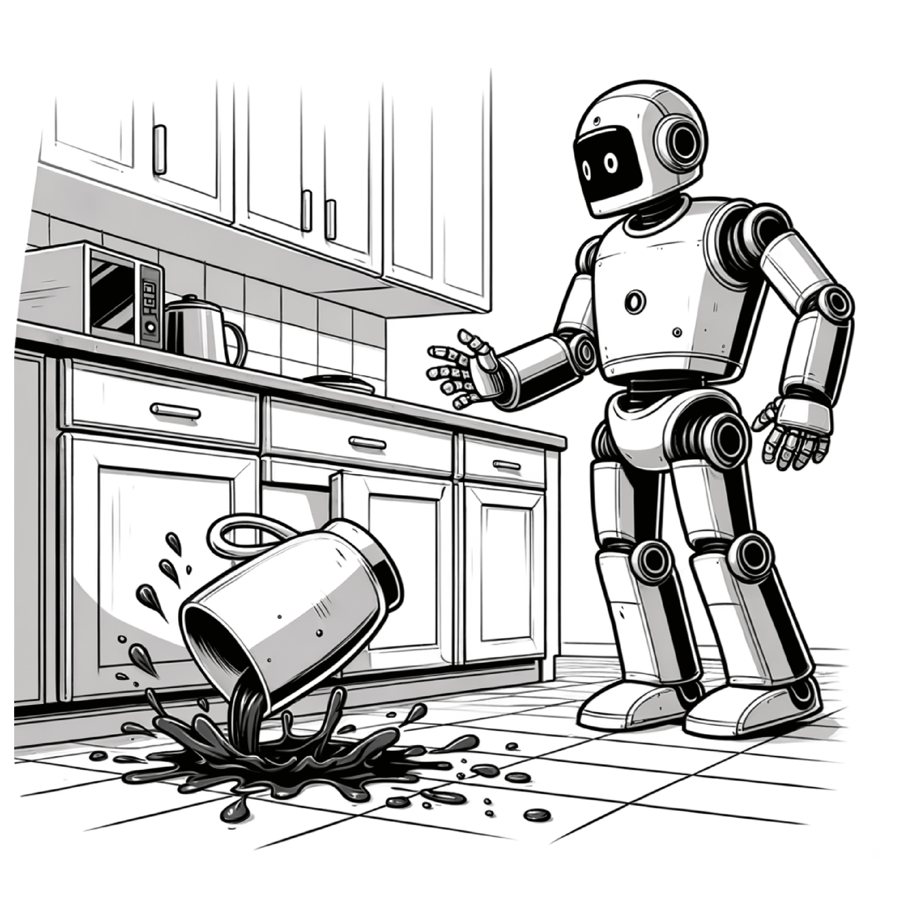 Line drawing of an android dropping a cup of coffee