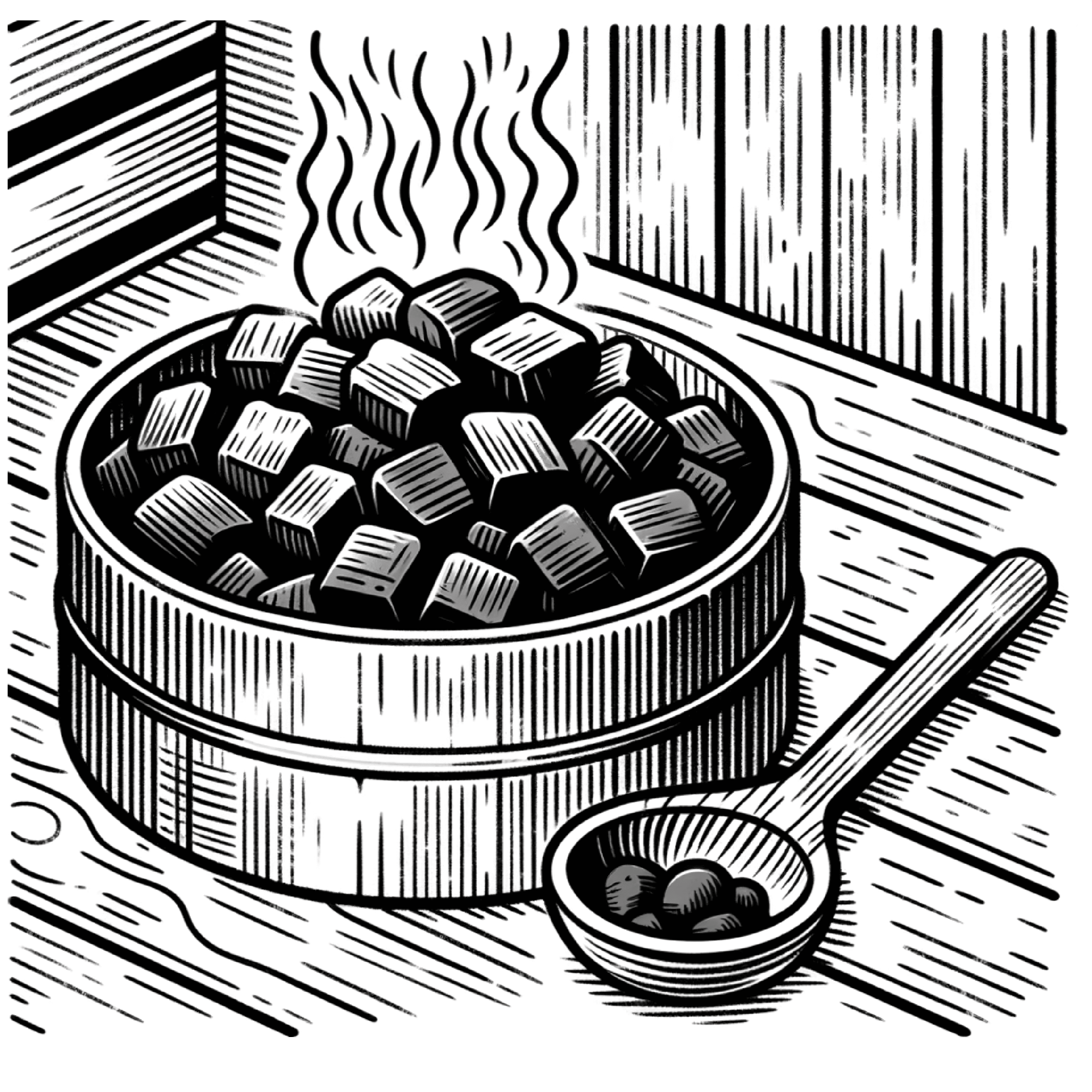 Line drawing of steam rising from hot coals